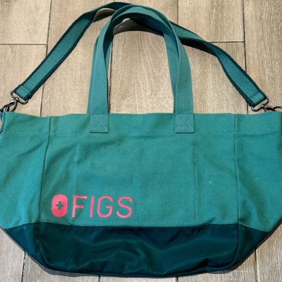 Figs Handbags - Figs Teal and Dark Teal Canvas Tote with Pink Logo